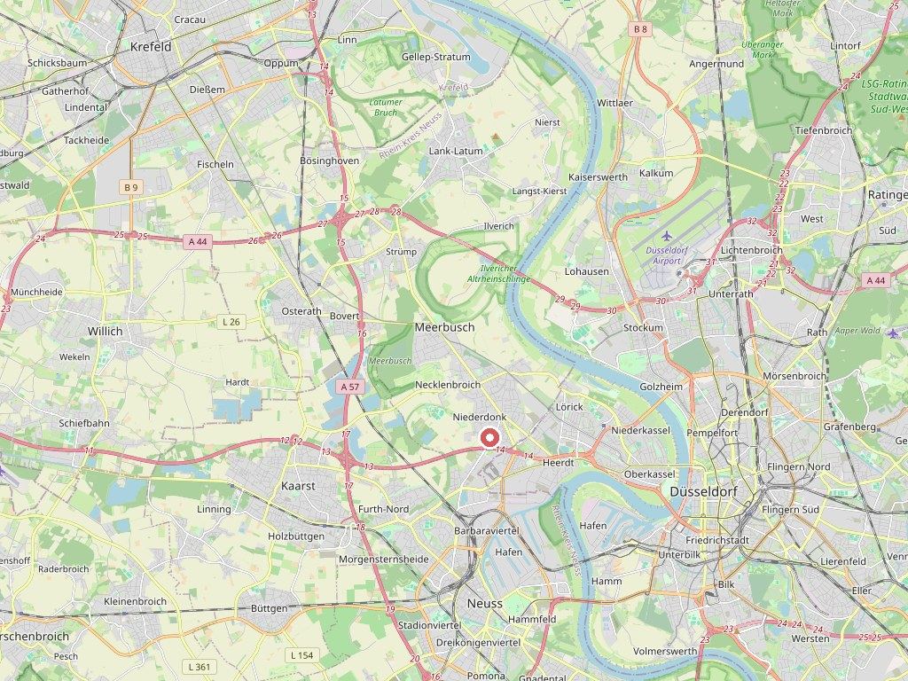 Karte von Meerbusch und Düsseldorf, der Laacher Weg 35 ist markiert