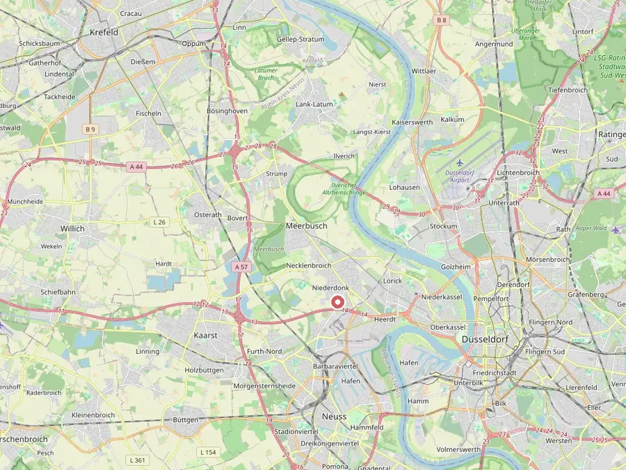 Karte von Meerbusch und Düsseldorf, der Laacher Weg 35 ist markiert
